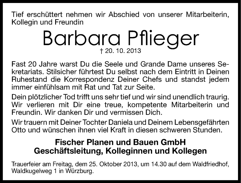  Traueranzeige für Barbara Pflieger vom 23.10.2013 aus Nürnberger Zeitung